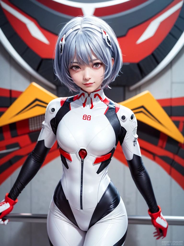 Masterpiece, highest quality, 8K, detailed skin texture, fine cloth texture, beautiful detailed face, intricate details, super detailed, portrait of Rei Ayanami, blue hair, red eyes, looking far away, no background, Evangelion Wearing a plug suit when riding, plug suit, whole body visible, standing, arms crossed, , beautiful, cute, great style, smiling,composition that shows the whole body,