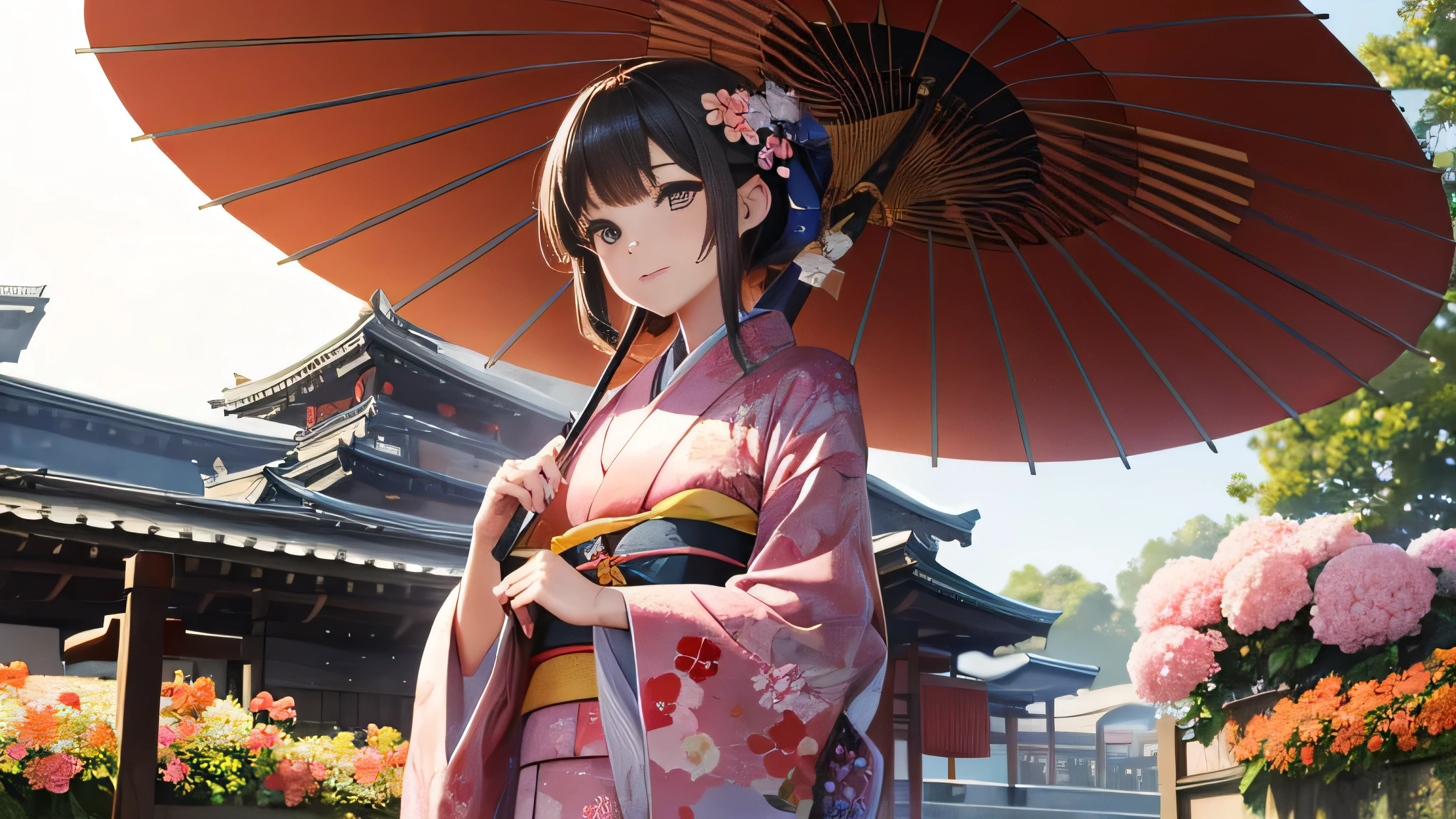 A beautiful girl in a kimono holding a Japanese umbrella A beautiful girl in a kimono and a piano、flowers in background