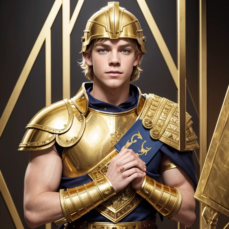 Tarot card, Ross Lynch as a Roman soldier, front-facing, gold armor, {{{gold Roman helmet}}}, galea, Roman gold chest plate, {{{hands together making a heart}}}, gold background, looking into camera, photorealistic, BUREL text at bottom