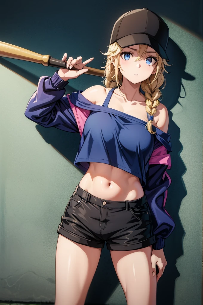a woman in a baseball cap and shorts, posing with a bat, and leaning on a wall, 1girl, hat, braid, baseball cap, blue eyes, navel, shorts, blonde hair, solo, long hair, jacket, crop top, off shoulder, twin braids, midriff, breasts