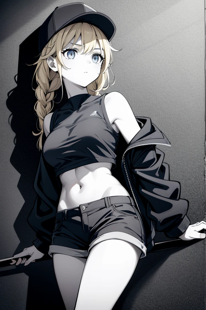 (((grayscale)))(masterpiece:1.2, best quality), (graffiti wall:1.15), super fine illustration,vibrant colors, masterpiece, sharp focus, best quality, depth of field, cinematic lighting,ultra detailed,a woman in a baseball cap and shorts, posing with a bat, and leaning on a wall, 1girl, hat, braid, baseball cap, blue eyes, navel, shorts, blonde hair, solo, long hair, jacket, crop top, off shoulder, twin braids, midriff, breasts