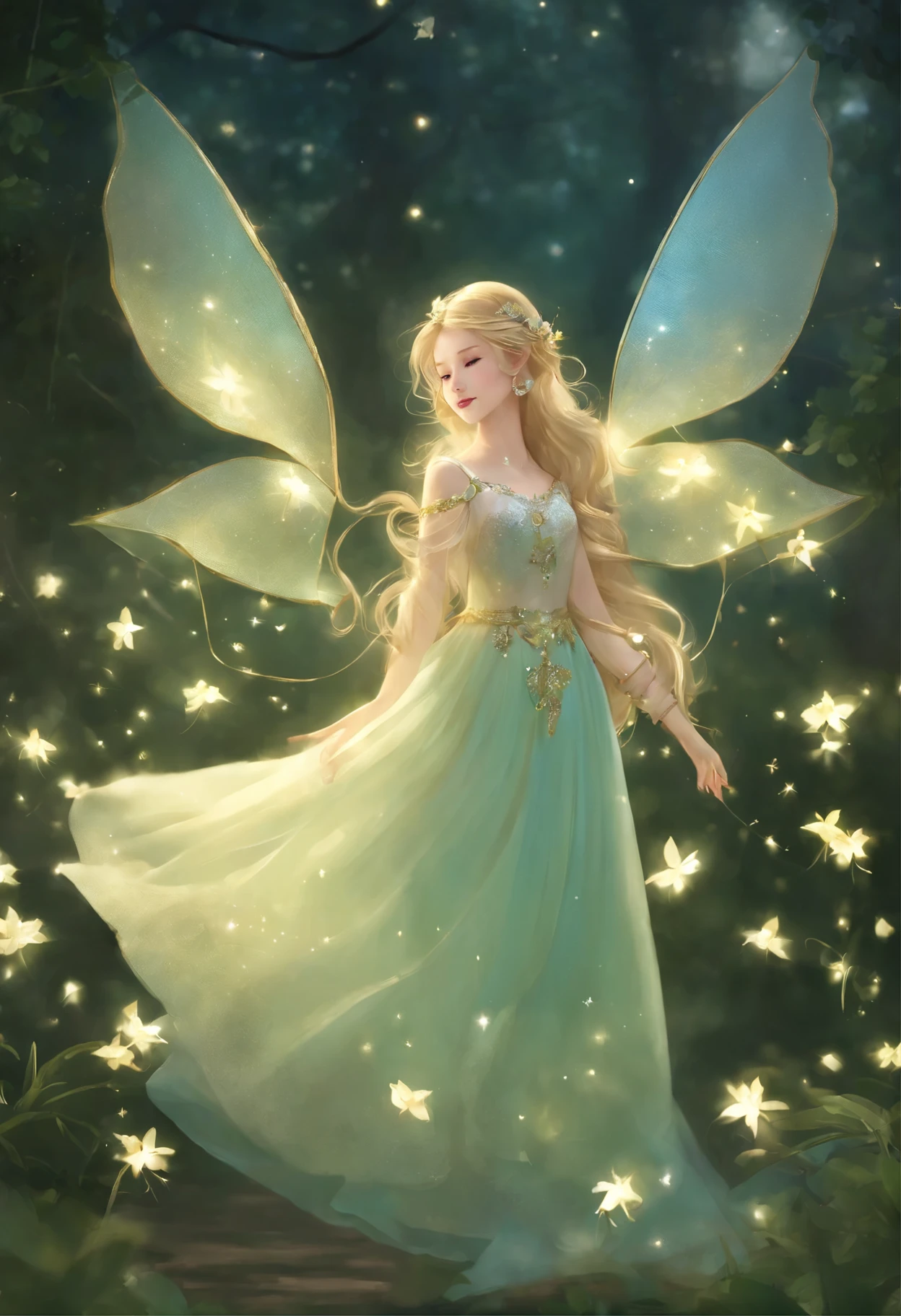 She was only a few inches tall、It has translucent light green wings.。Her golden hair reaches down to her shoulders、Her eyes shine like little stars, pure blue。Her dress is made of petals、It flutters softly with every breeze.。Holding a magic wand in his hand、There is a shining star on the tip。She&#39;s in the woods at night、Moonlight on the tree々It stands beside a quiet lake with sunlight shining through the trees.。Around her、The little fireflies shine、Dancing around her