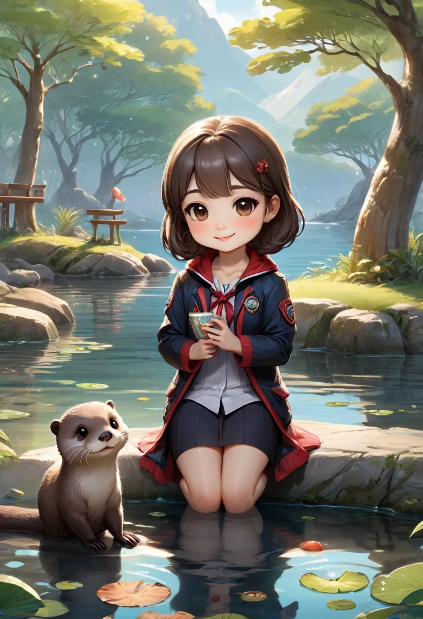 An Otter with a girl, chibi, park, detailed background, (masterpiece, best quality, Professional, perfect composition, very aesthetic, absurdres, ultra-detailed, intricate details:1.3)