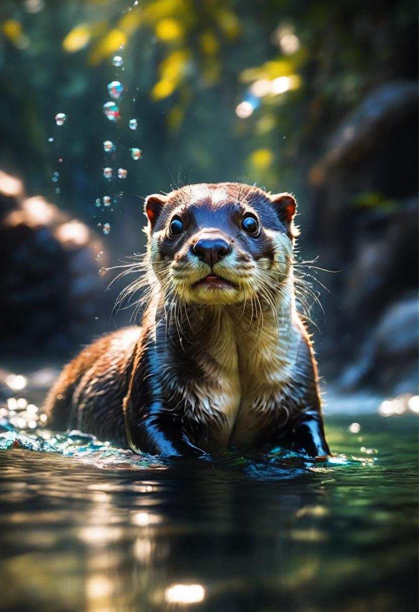 An Otter, Happy otter swimming underwater, smiling. The picture should evoke a feeling of exuberance and happiness. Background is a beautiful river filled with fish, daytime sky, realistic colors : Insanely Detailed :: by Pino_Daeni, Jeremy_Mann, Carne_Griffiths, 16k_resolution, oil_on_canvas, fine_art, super_realistic_light, sharp_focus, beautiful, exuberant atmosphere