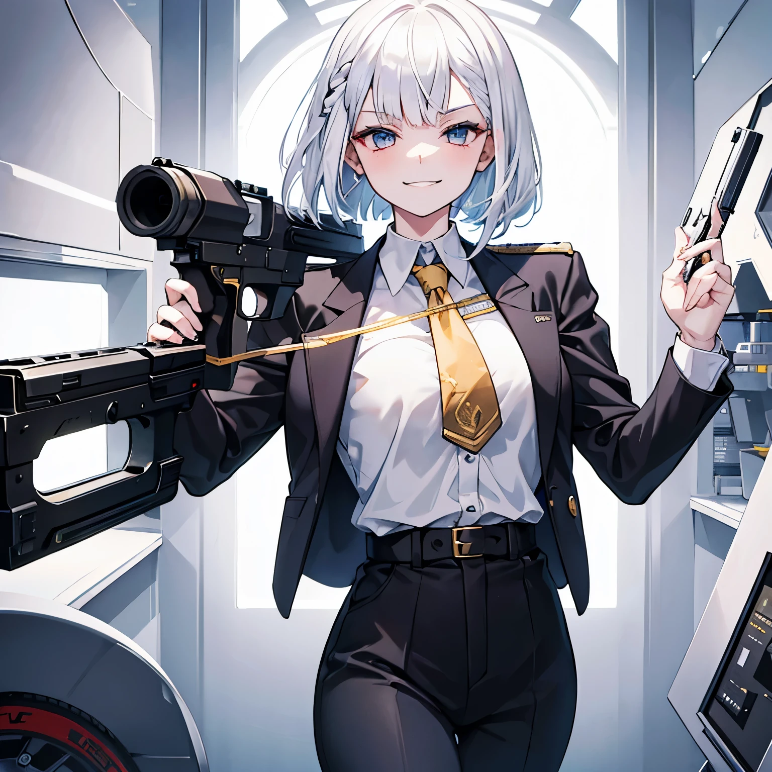 A young lady with white hair and bangs in a suit holding a pistol close up smirk