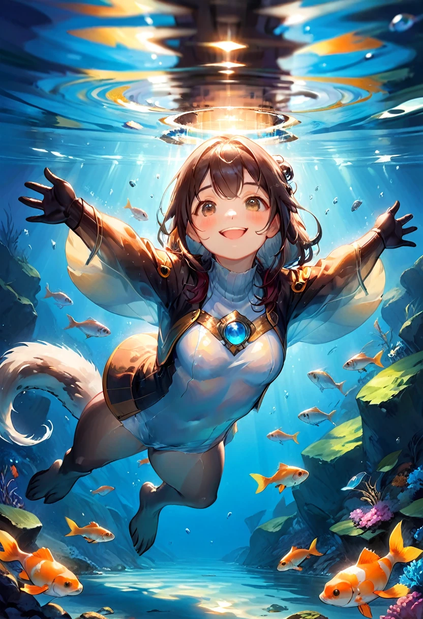 An Otter, Happy otter swimming underwater, smiling. The picture should evoke a feeling of exuberance and happiness. Background is a beautiful river filled with fish, daytime sky, realistic colors : Insanely Detailed :: by Pino_Daeni, Jeremy_Mann, Carne_Griffiths, 16k_resolution, oil_on_canvas, fine_art, super_realistic_light, sharp_focus, beautiful, exuberant atmosphere