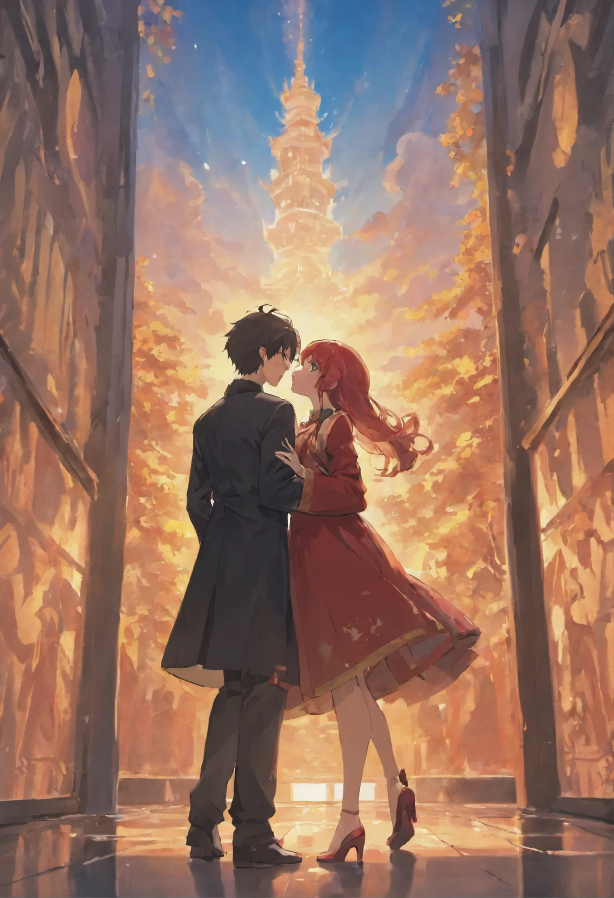 couple in love not in grief against the backdrop of sunrise, warm sunlight. People up to the waist, detailing, young man in a black jacket, girl in a red evening dress with a developing stole, ( sexy pose), (kiss), palace garden background