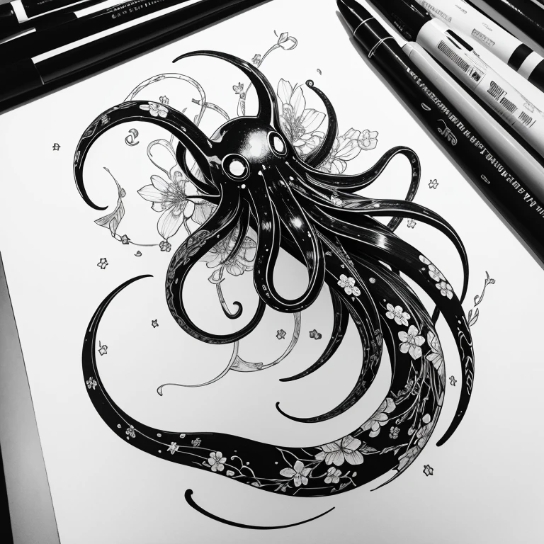 A sketch of a tattoo depicting a cherry blossom branch smoothly turning into cosmic stars and galaxies, octopus tentacles, black and white color, minimalism, fine lines, Best quality, tattoo from shoulder to hand