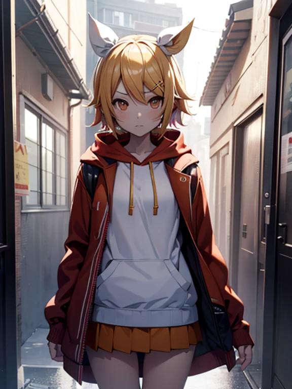 rin kagamine , 1 chica , with a red hooded sweater , white miniskirt with gold horizontal lines , viendo al espectador , bragas visibles , rostro seductor ,(imagen de ultra alta calidad 8k ) obra maestra ( High definition image ) , maximum image resolution , ( detalles de la imagen bien definidos )