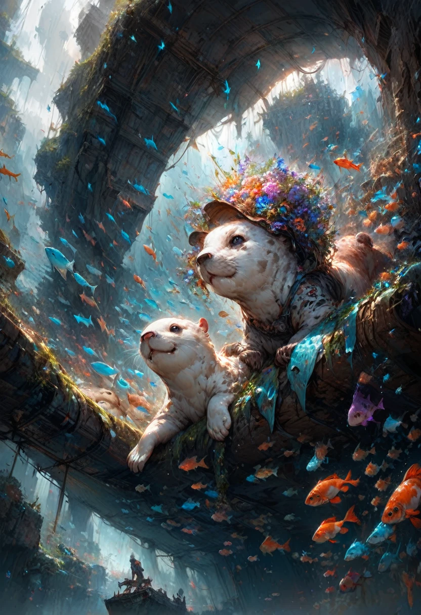 An Otter, Happy otter swimming underwater, smiling. The picture should evoke a feeling of exuberance and happiness. Background is a beautiful river filled with fish, daytime sky, realistic colors : Insanely Detailed :: by Pino_Daeni, Jeremy_Mann, Carne_Griffiths, 16k_resolution, oil_on_canvas, fine_art, super_realistic_light, sharp_focus, beautiful, exuberant atmosphere