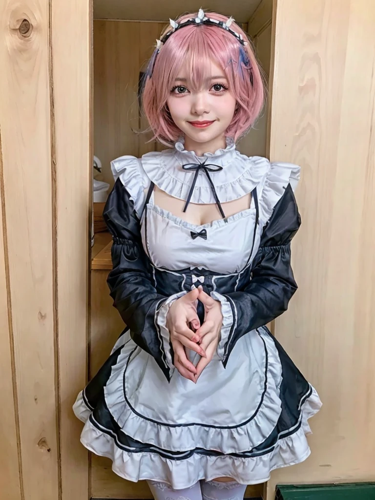 (8K, Photorealistic, Raw photo, of the highest quality: 1.3), (1girl in), Super beautiful, (Realistic face), (boyish, light blue Color Berry Shorthair),(8K, Photorealistic, Raw photo, of the highest quality: 1.3), (1girl in), Super beautiful, (Realistic face), (boyish, pink Color Berry Shorthair), Beautiful , Glare that captivates the viewer, Beautiful expression, Beautiful breasts, (Realistic skin), Be...Create a detailed and colorful image of Ram and Rem from Re:Zero, standing back-to-back in their maid outfits, with a magical fantasy background、14years old, two girls,cute, perfect face, beautiful, nice body, gothic lolita clothes, gothic lolita fashion, frilly skirt, headdress, necklace, bracelet, knee-high socks, boots, double eyelids, tear bags, Detailed down to the fingers, photo-like description, indoors, dim indoor lighting, one girl is pink hair and short bob, another girl is light blue hair and short bob,standing, whole body, composition that shows the whole body, smiling,The Both of them are wearing the same type of maid outfit