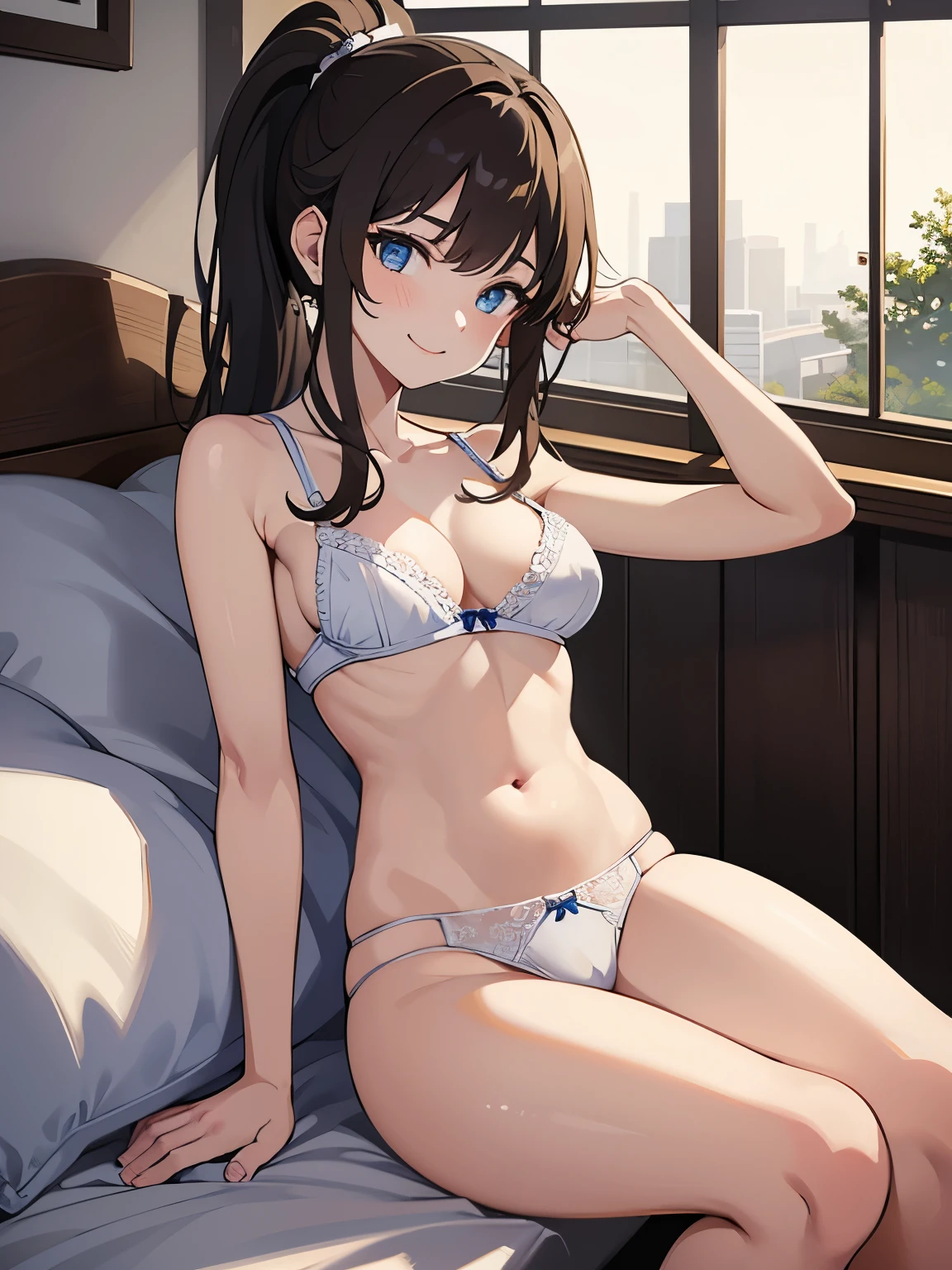 masterpiece, 8k, one cute girl, official art, detailed white thin small sexy bra and pantie, Wet, light brown hair, ponytail, blue eyes, smile, large breasts, Cleavage, lie on back, bent knees, from top, composition visible from the parietal to the thighs from the front, pose legs open:1.2, small hard Nipple erection:1.4, high-leg pantie:1.4,