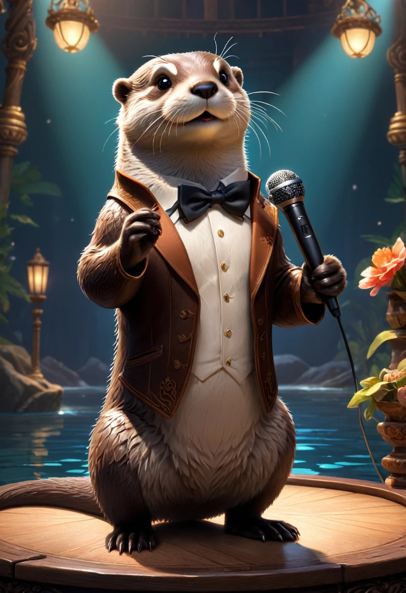 An Otter singer, stage, detailed background, (masterpiece, best quality, Professional, perfect composition, very aesthetic, absurdres, ultra-detailed, intricate details:1.3)