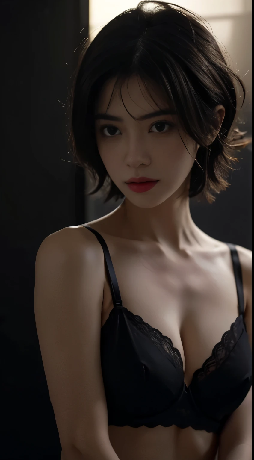 Best quality, masterpiece, ultra high res, (photorealistic:1.5), raw photo, 1girl,, in the dark, deep shadow, low key, cold light, sexy look, short hair, smooth , sexy , leaf shadow, seamless bra