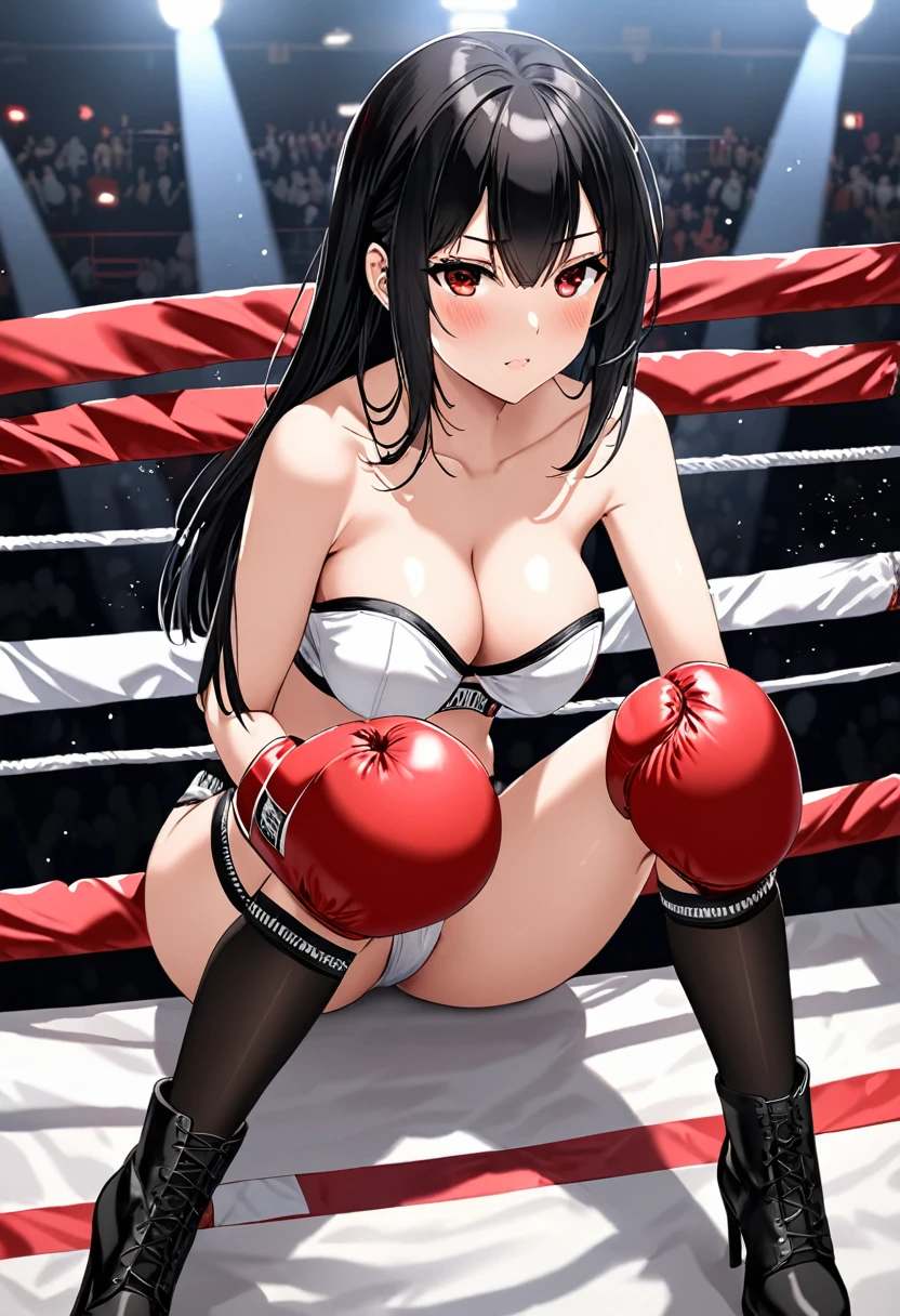 high quality, girl, Black straight hair, Red eyes, provocative,blush,Wear strapless underwear, Black garter stockings，high-heel boots，Wearing white boxing gloves, Hands in boxing gloves，Cleavage，nipple，Long legs，Sitting in the ring