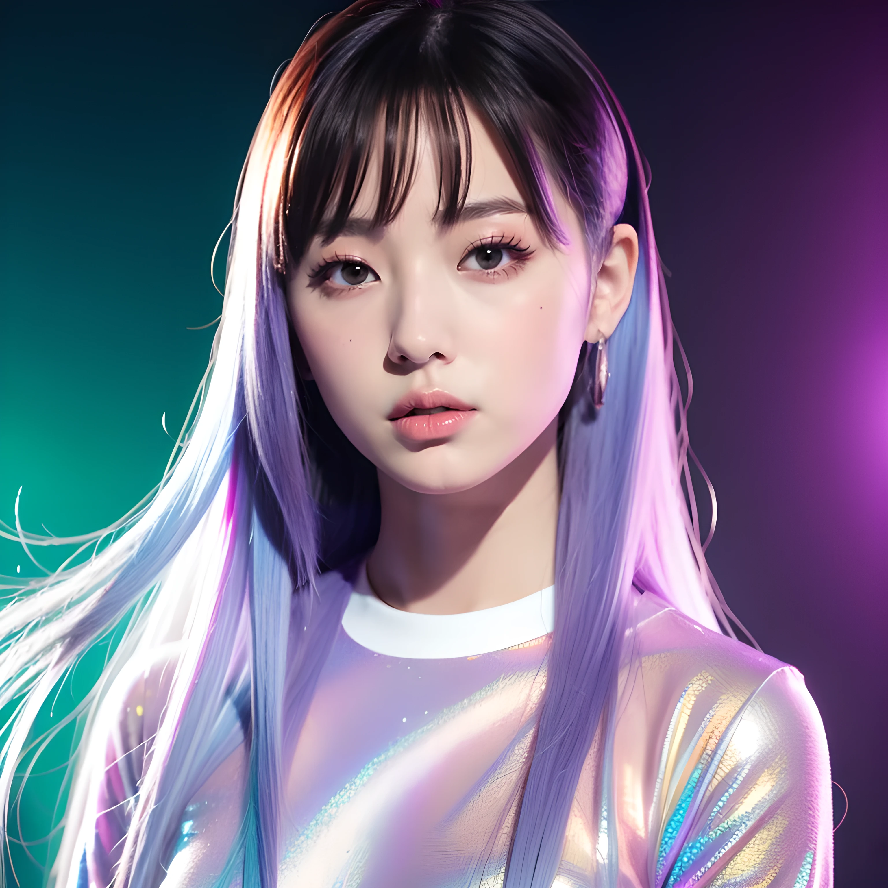 cryptic girl, purple white gradient long hair, indifferent, kind, holographic