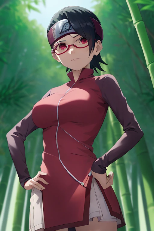 masterpiece, absurdres , (intricate details), (colorful),cinematic lighting,bust shot,extremely detailed CG unity 8k wallpaper, Sarada\(Next generations\), 1girl, solo, miniskirt ,white bra, hand on hip,forehead protector, konohagakure symbol, headband, looking at viewer, outdoors, bamboo forest, frown, (large breasts), skinny