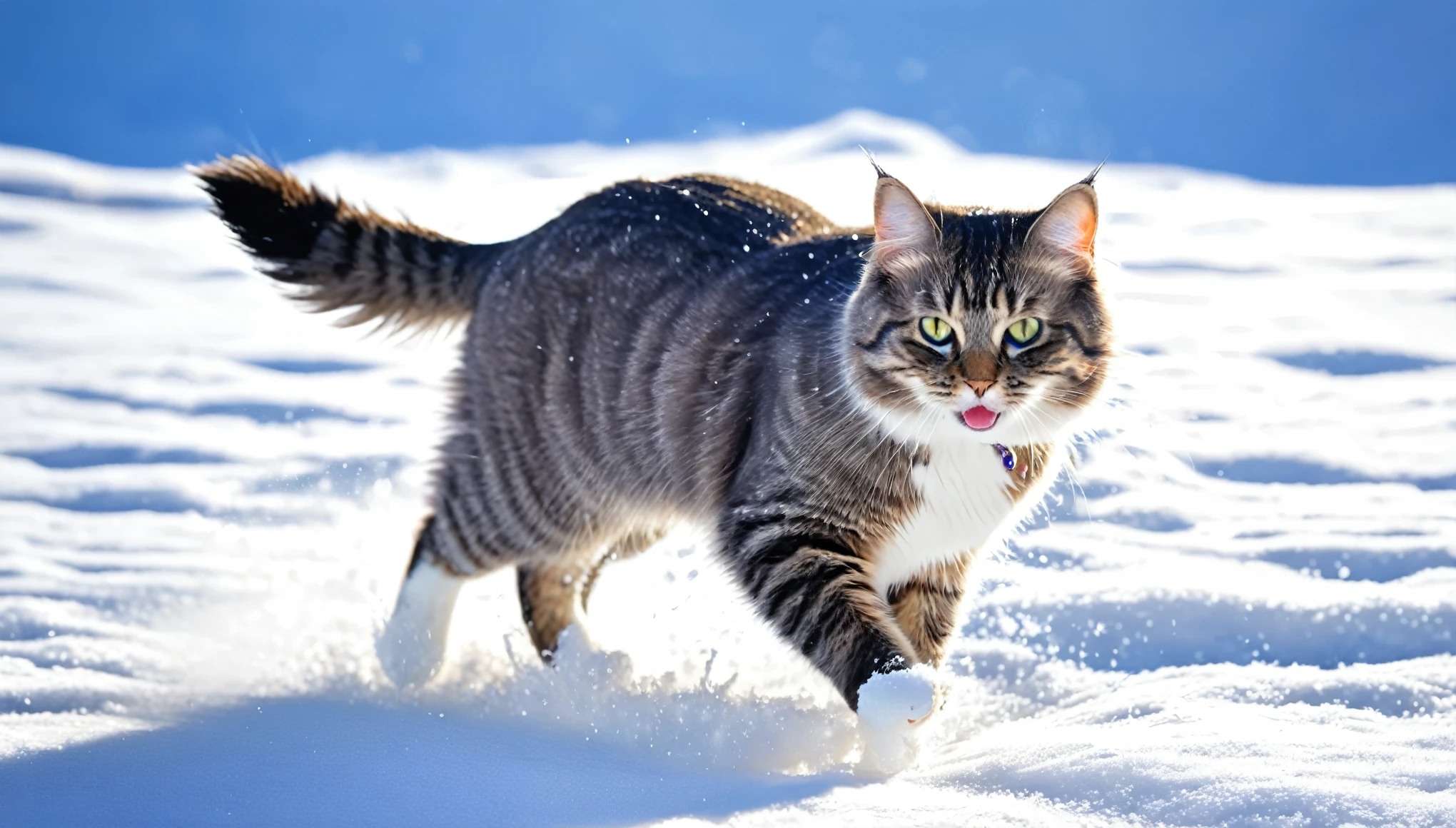 (best quality,highres:1.2),(realistic:1.37) A cat in the snow with a ball in its mouth, furry coat, sparkling blue eyes, exquisite whiskers, playful posture, snowy surroundings, winter wonderland, delicate falling snowflakes, intricate details, soft fur texture, vivid colors, beautiful sunlight, gentle breeze, mesmerizing frost, crisp air, cheerful and lively atmosphere, happy expressions, joyful playfulness, fluffy white snow, crystal clear ice, vibrant red ball, cute and adorable, enchanting scene.