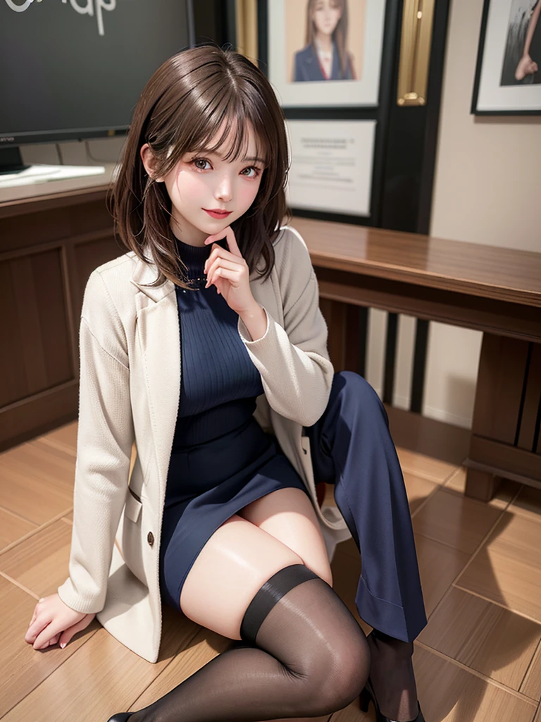 masutepiece, Best Quality, Illustration, Ultra-detailed, finely detail, hight resolution, 8K Wallpaper, Perfect dynamic composition, Beautiful detailed eyes,short bob, mid-chest, Natural Color Lip, Random and sexy poses,Smile,26 years girl、Colossal tits、Examination room、Red High-Neck Sweater: A cozy red sweater with a high neckline, perfect for chilly days. It adds warmth and style to your ensemble. Navy Blue Pencil Skirt: A classic and elegant choice. The pencil skirt typically falls just below the knee, creating a flattering silhouette1. Sheer Stockings: These delicate stockings add a touch of sophistication. They’re lightweight and perfect for pairing with skirts or dresses.doctor coat Blue High-Heeled Shoes: Elevate your look with blue high-heeled shoes. They elongate your legs and add a polished touch. Brown Hair: Your natural hair color complements the overall outfit. It’s versatile and goes well with various styles. White Coat (Like a Doctor): The white coat adds a professional touch, reminiscent of a doctor’s attire. It’s a symbol of authority and expertise.