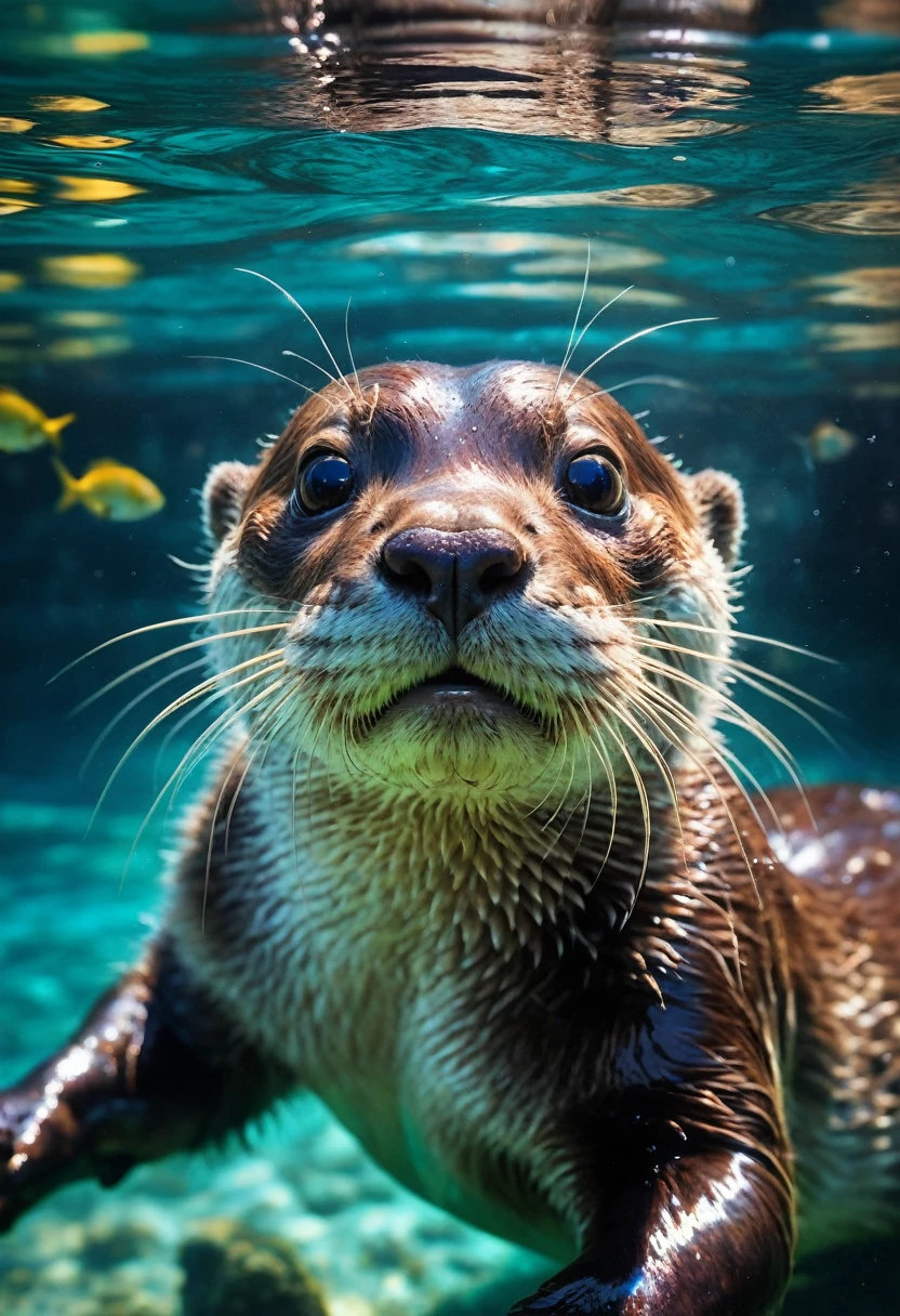 An Otter, Happy otter swimming underwater, smiling. The picture should evoke a feeling of exuberance and happiness. Background is a beautiful river filled with fish, daytime sky, realistic colors : Insanely Detailed :: by Pino_Daeni, Jeremy_Mann, Carne_Griffiths, 16k_resolution, oil_on_canvas, fine_art, super_realistic_light, sharp_focus, beautiful, exuberant atmosphere