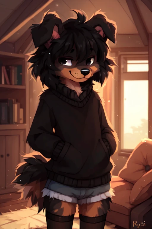  ((by reysi)),  Best quality, super detailed illustration, warm colors, Ideal lighting, (Fluffy boy dog:1.6), (Black fur:1.5), disheveled thick hair, short shorts, long black stockings, black long sleeve sweater, in a cosy room, smug smile, tricky glance , Femboy, slim, perfect body,