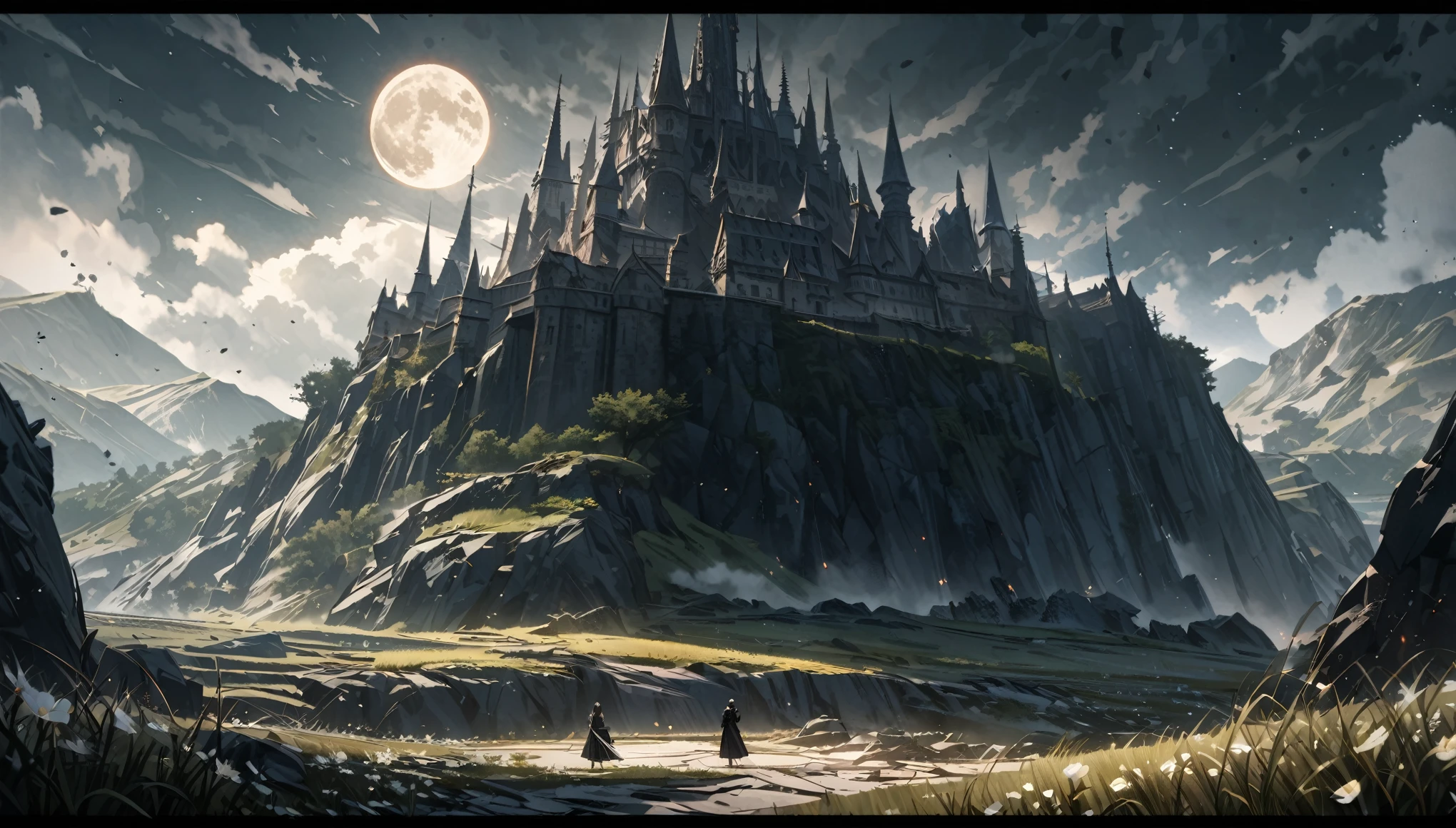  open field on the top of the hill, rare grass and pale flowers, ground covered in ashes, knight in full armount and girl in long beautiful dress, beautiful black moon on the background, rocky landscape, swords inside of the ground, tragic atmosphere, dark souls 3, tragic finale, wide shot, from side, 4K, 8k, highres, best quality, award winning, super detail, masterpiece, ccurate