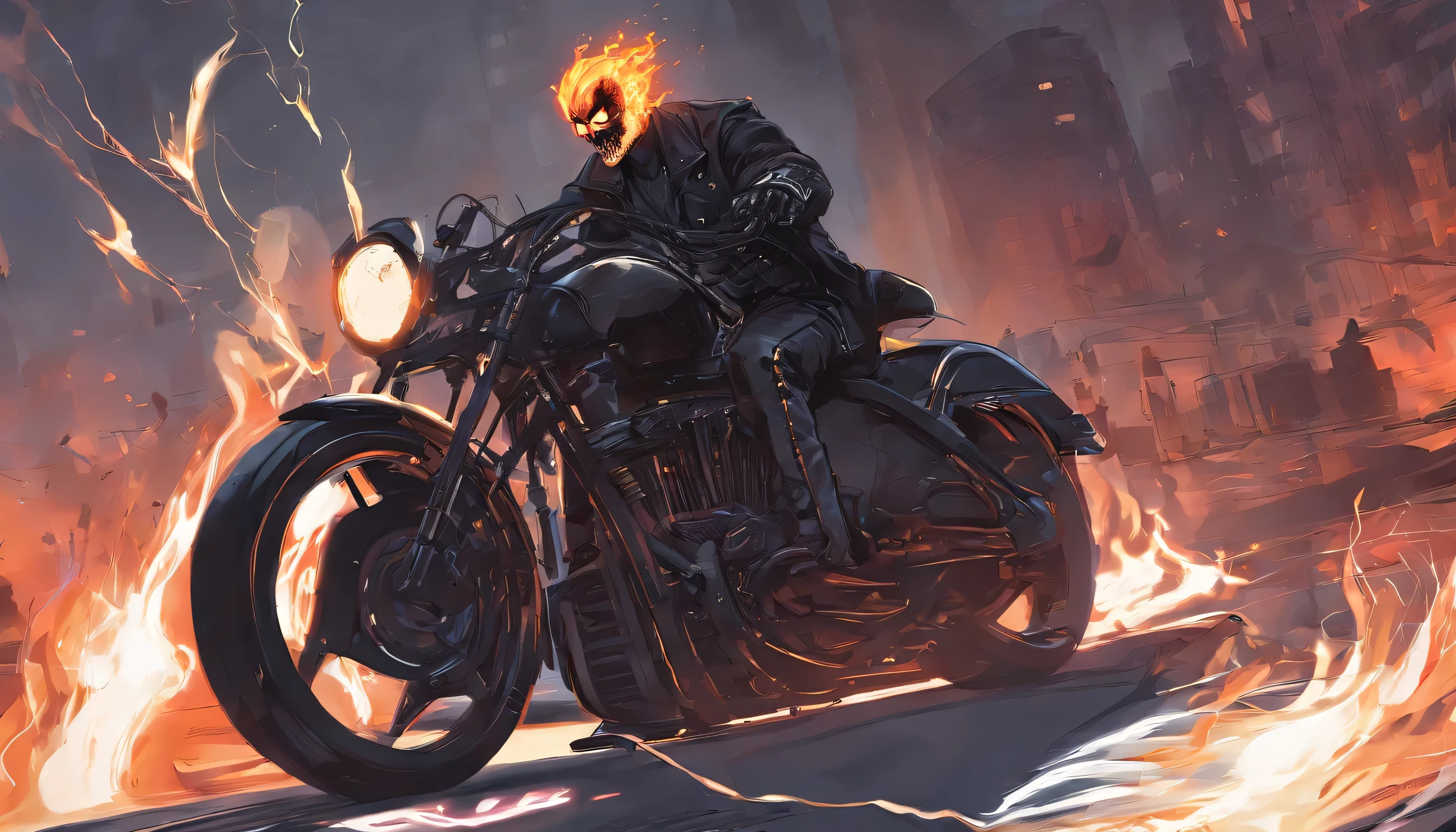 ghost rider, highly detailed, digital painting, artstation, standing, facing camera, concept art, smooth, sharp focus, illustration, art by artgerm and alphonse mucha, high definition digital art, dramatic lighting, in the style of ilya kuvshinov and Ross tran