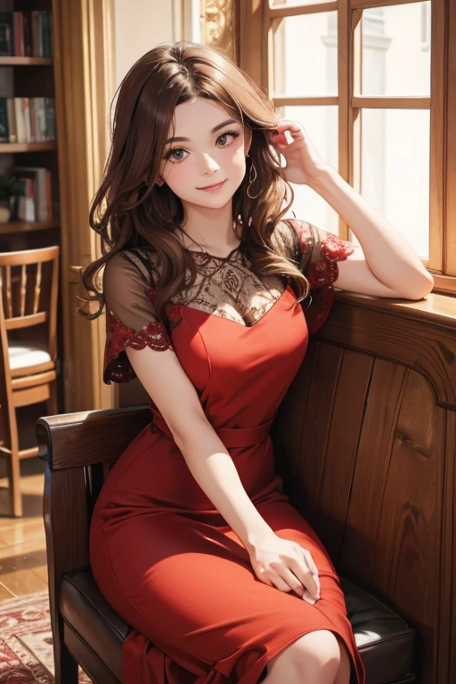 Italian girl, 25 years old, wavy brown hair, elegant low-cut red dress, sitting, smiling