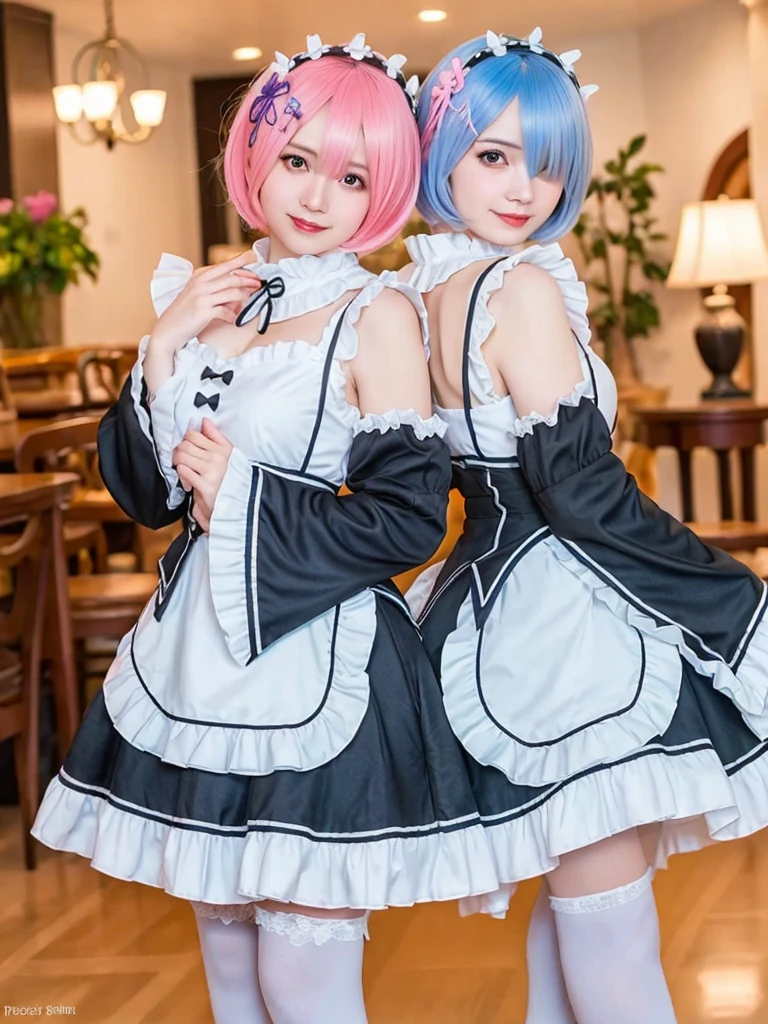 (8K, Photorealistic, Raw photo, of the highest quality: 1.3), (1girl in), Super beautiful, (Realistic face), (boyish, light blue Color Berry Shorthair),(8K, Photorealistic, Raw photo, of the highest quality: 1.3), (1girl in), Super beautiful, (Realistic face), (boyish, pink Color Berry Shorthair), Beautiful , Glare that captivates the viewer, Beautiful expression, Beautiful breasts, (Realistic skin), Be...Create a detailed and colorful image of Ram and Rem from Re:Zero, standing back-to-back in their maid outfits, with a magical fantasy background、14years old, two girls,cute, perfect face, beautiful, nice body, gothic lolita clothes, gothic lolita fashion, frilly skirt, headdress, necklace, bracelet, knee-high socks, boots, double eyelids, tear bags, Detailed down to the fingers, photo-like description, indoors, dim indoor lighting, one girl is pink hair and short bob, another girl is light blue hair and short bob,standing, whole body, composition that shows the whole body, smiling,The Both of them are wearing the same type of maid outfit