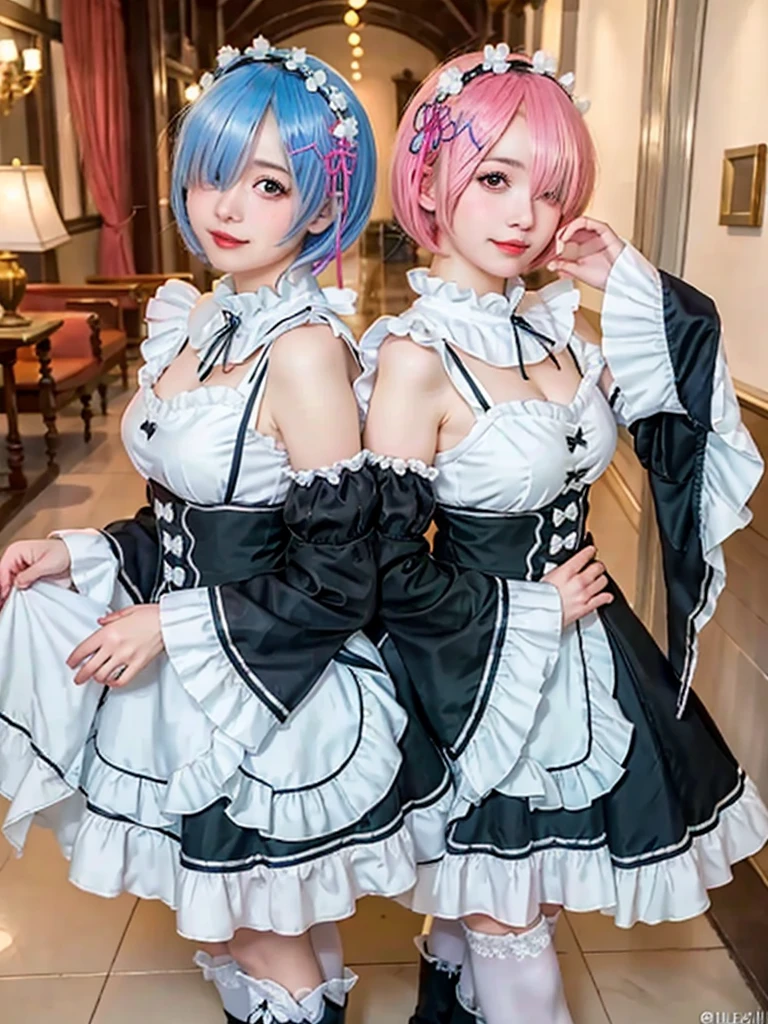 (8K, Photorealistic, Raw photo, of the highest quality: 1.3), (1girl in), Super beautiful, (Realistic face), (boyish, light blue Color Berry Shorthair),(8K, Photorealistic, Raw photo, of the highest quality: 1.3), (1girl in), Super beautiful, (Realistic face), (boyish, pink Color Berry Shorthair), Beautiful , Glare that captivates the viewer, Beautiful expression, Beautiful breasts, (Realistic skin), Be...Create a detailed and colorful image of Ram and Rem from Re:Zero, standing back-to-back in their maid outfits, with a magical fantasy background、14years old, two girls,cute, perfect face, beautiful, nice body, gothic lolita clothes, gothic lolita fashion, frilly skirt, headdress, necklace, bracelet, knee-high socks, boots, double eyelids, tear bags, Detailed down to the fingers, photo-like description, indoors, dim indoor lighting, one girl is pink hair and short bob, another girl is light blue hair and short bob,standing, whole body, composition that shows the whole body, smiling,The Both of them are wearing the same type of maid outfit