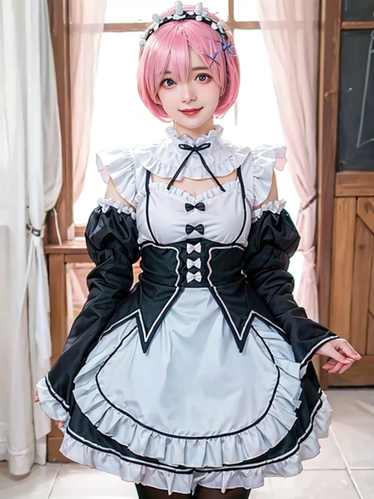 (8K, Photorealistic, Raw photo, of the highest quality: 1.3), (1girl in), Super beautiful, (Realistic face), (boyish, light blue Color Berry Shorthair),(8K, Photorealistic, Raw photo, of the highest quality: 1.3), (1girl in), Super beautiful, (Realistic face), (boyish, pink Color Berry Shorthair), Beautiful , Glare that captivates the viewer, Beautiful expression, Beautiful breasts, (Realistic skin), Be...Create a detailed and colorful image of Ram and Rem from Re:Zero, standing back-to-back in their maid outfits, with a magical fantasy background、14years old, two girls,cute, perfect face, beautiful, nice body, gothic lolita clothes, gothic lolita fashion, frilly skirt, headdress, necklace, bracelet, knee-high socks, boots, double eyelids, tear bags, Detailed down to the fingers, photo-like description, indoors, dim indoor lighting, one girl is pink hair and short bob, another girl is light blue hair and short bob,standing, whole body, composition that shows the whole body, smiling,The Both of them are wearing the same type of maid outfit