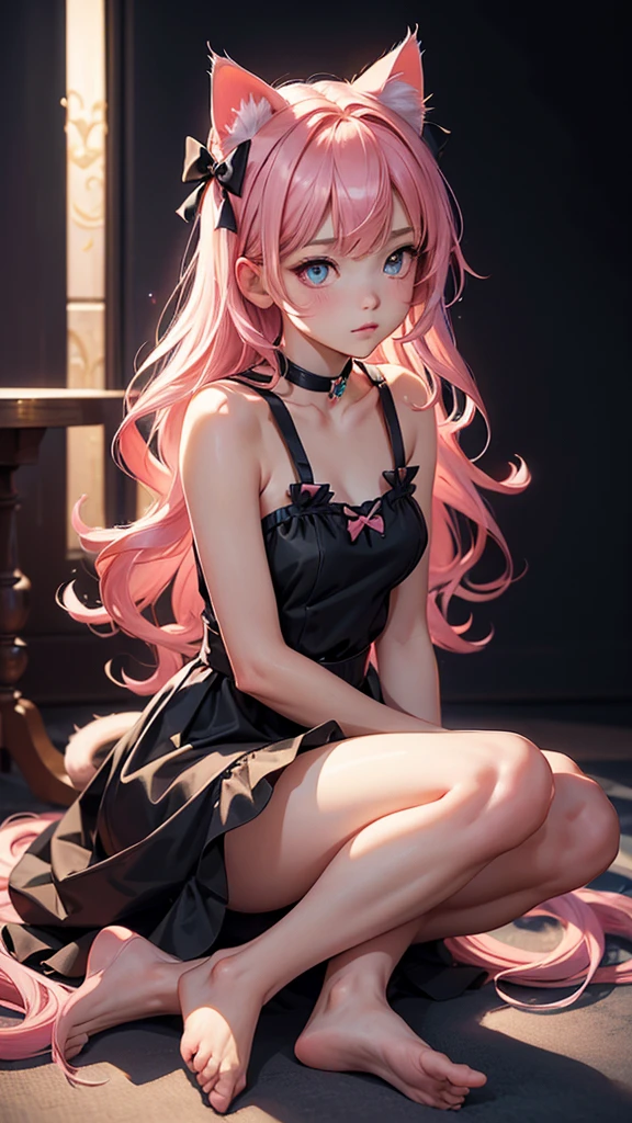 (high resolution, full body, soft skin:1.2),(best illustration,masterpiece:1.2),ultra-detailed,[(cat ears ,pink inside:1.2),vivid colors,sharp focus,portrait,studio lighting,bokeh, wearing a Black Princess Bow Sling Dress, spotlight background, sitting on the floor