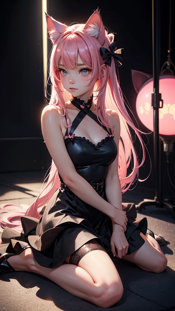 (high resolution, full body, soft skin:1.2),(best illustration,masterpiece:1.2),ultra-detailed,[(cat ears ,pink inside:1.2),vivid colors,sharp focus,portrait,studio lighting,bokeh, wearing a Black Princess Bow Sling Dress, spotlight background, sitting on the floor 