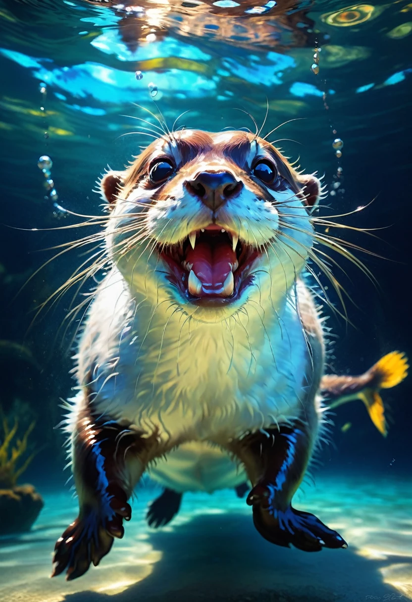 An Otter, Happy otter swimming underwater, smiling. The picture should evoke a feeling of exuberance and happiness. Background is a beautiful river filled with fish, daytime sky, realistic colors : Insanely Detailed :: by Pino_Daeni, Jeremy_Mann, Carne_Griffiths, 16k_resolution, oil_on_canvas, fine_art, super_realistic_light, sharp_focus, beautiful, exuberant atmosphere