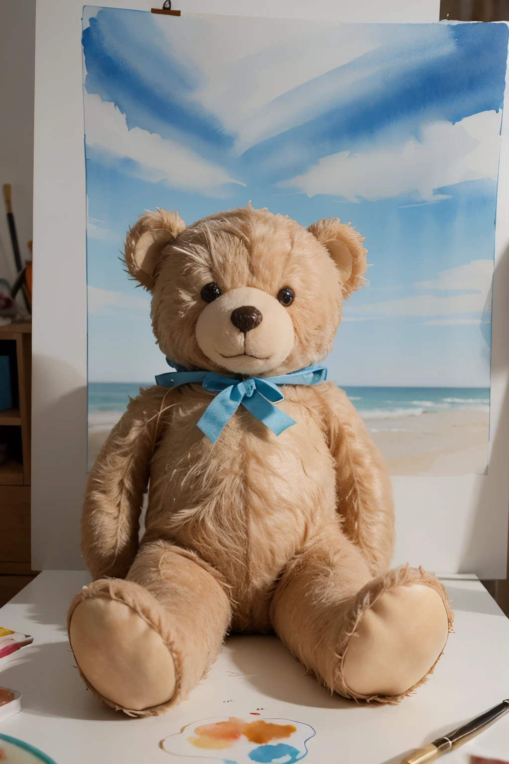 ((teddy bear)), ((gravata azul)), ((sentado)), ((watercolor illustration))