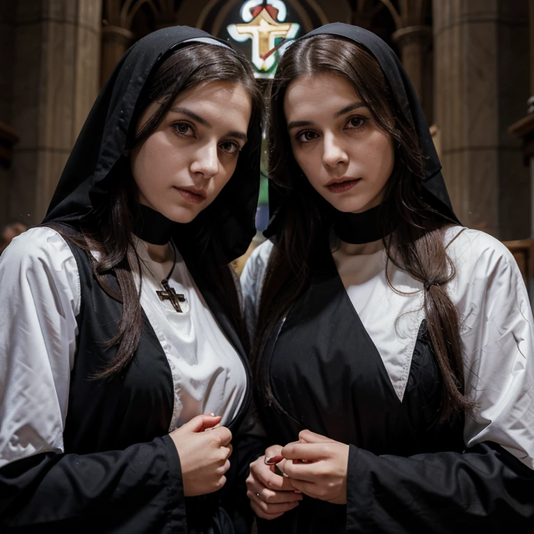Make two twin sisters who are nuns in the middle ages catholic church , who are vampires , a sister has a more serious and strict appearance , the other sweeter but morbid , tem aproximadamente 29 anos