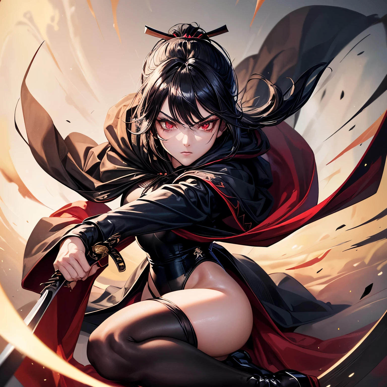 {{{masterpeace}}}, (((one woman))), (((black hair))), red eyes, sharp eyes, eyelashes, ((detailed eyes)), long hair, ((pony tail)), ((Black cloak)), ((have samurai Sword )), (((leotard))), , very lerge , ((tights)), ((glamorous)), (((best quality))), (((beautiful illustration)))