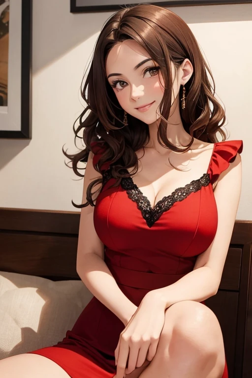 Italian girl, 25 years old, wavy brown hair, elegant low-cut red dress, busty, sitting, smiling,