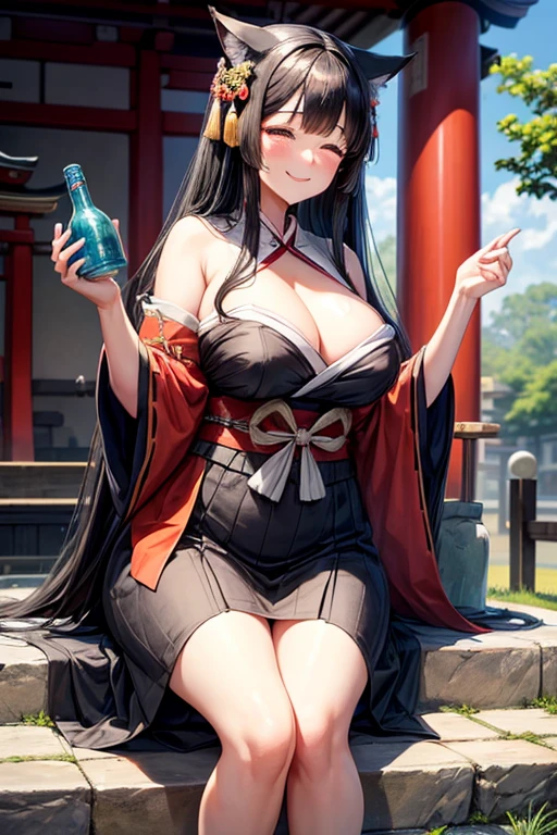 Long straight black hair 40s Middle-aged women Nasolabial folds Fox ears round face Are fat thick She wears a plain shrine maiden outfit. Trying to show your breasts Closed eyes looks happy Holding a one-sho sake bottle Smiling while sitting on the stone steps of the shrine front