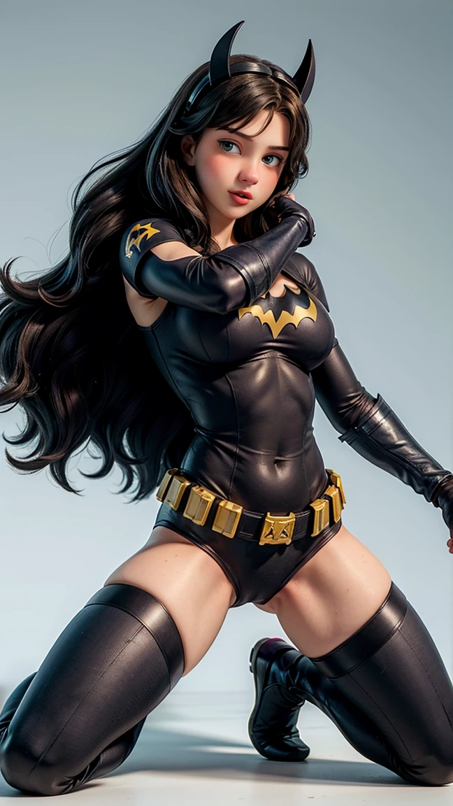 8k, Ultra HD, super details, high quality, high resolution. The heroine
Batgirl looks beautiful in a full body photo, her body is sculptural, her long black wavy hair is radiant in a perfect combination with her white skin, her bright blue eyes mesmerize everyone. She is wearing her heroine costume. It consists of a mask that covers the upper part of her face, leaving her eyes visible, and a tight-fitting bodysuit. It can be black, dark blue or purple, the material is made of a resistant and elastic fabric to provide protection and allow agile movements, on the chest of the costume, there is a bat symbol similar to the Batman symbol, she wears a utility belt which contains a variety of useful gadgets and equipment for your missions, Batgirl's boots and gloves are made of a resistant material to protect her hands and feet during combat, she wears a black cape aesthetic element of the costume. She looks very sexy, drawing attention to her big breasts and thick legs.