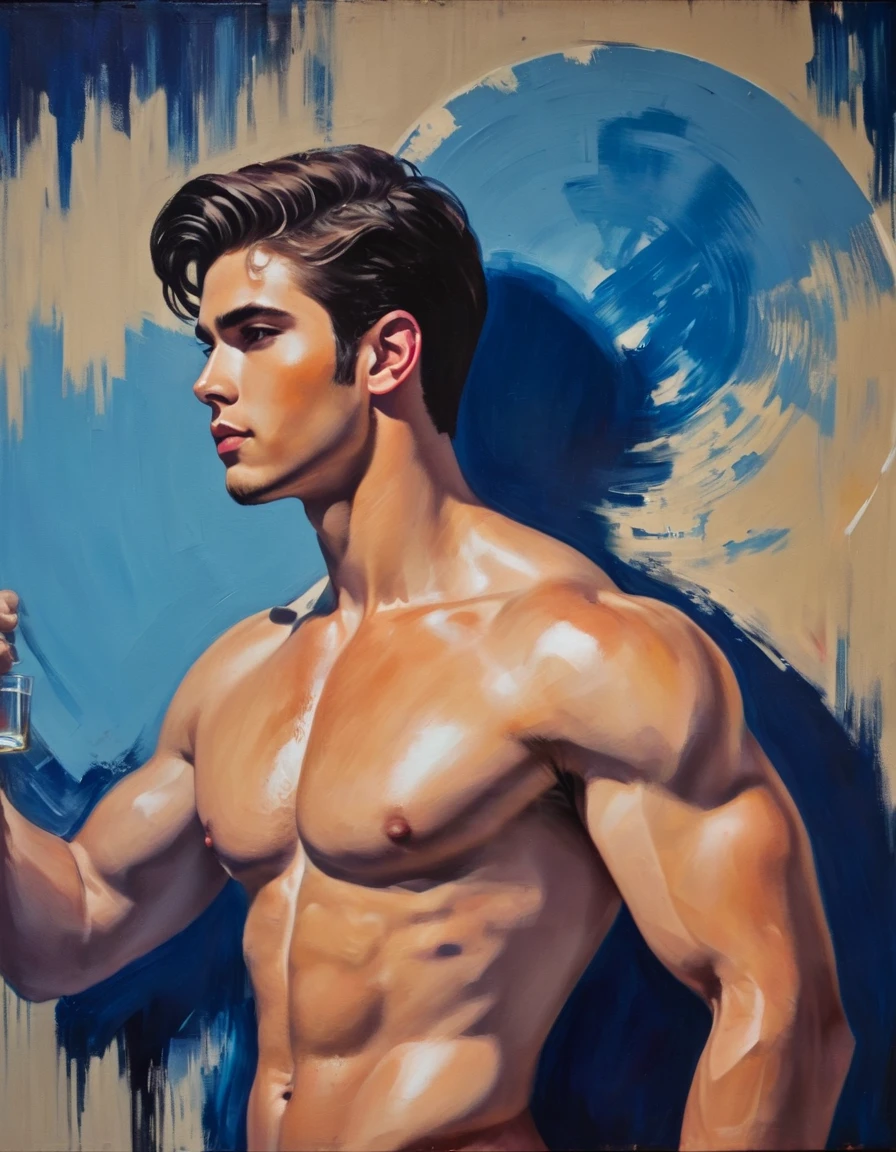 chiaroscuro technique on sensual illustration of an arafed man in white underwear, sexy masculine, diego fazio, male model, by Ludovit Fulla, model with attractive body, inspired by Ludovit Fulla, mid-shot of a hunky, the model draped in flowing, thick oil painting by Harumi Hironaka, extremely soft colors, vibrant, highly detailed, malcolm liepke painting, oil on canvas, high contrast, dramatic, refined, tonal, Create high contrast between light and shadow fire around, there is a red circle on a blue and red square, inspired by Bauhaus, in a shapes background, brown red blue, circle forms, red blue, by Leon Polk Smith, memphis abstract minimal art, graphic shapes, minimal art, blue and red, minimal art style, bauhaus art, inspired by El Lissitzky, bold simple shapes