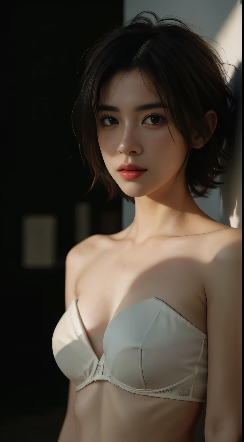 Best quality, masterpiece, ultra high res, (photorealistic:1.5), raw photo, 1girl,, in the dark, deep shadow, low key, cold light, sexy look, short hair, smooth , sexy , leaf shadow, strapless bra