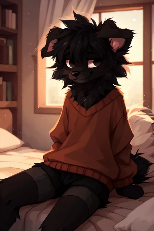  ((by reysi)),  Best quality, super detailed illustration, warm colors, Ideal lighting, (Fluffy boy dog:1.6), (Black fur:1.5), disheveled thick hair, short shorts, long black stockings, black long sleeve sweater, in a cosy room, smug smile, tricky glance , Femboy, slim, perfect body,