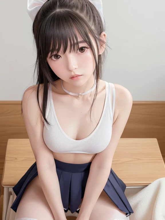 (Masseter muscle area:1.3)、(Fine and best quality:1.4)、超A high resolution、(eye)、(Facial feature details)、(Clothing feature details)、Ticker、8k resolution、Solo Focus、bangs、Fitted、(Glowing Skin) )、(Slender girl)、Lively、(Highly detailed illustration)、Check the comments、Request for Comments、(School、classroom、blackboard、Desk and chair)、No text、VirtualGirl-Rin、(A slight smile、Embarrassed look、Confused expression)、(Soft Breasts、The round protrusion in the center of the areola、Small areola)、(Ponytail and ribbon)、choker、1 daughter、cute、High school girl、(Breasts covered with white transparent micro underwear、The buttocks are covered with a thin pleated skirt of blue color)、20 denier stockings cover from knee to toe、(Bend both knees and raise your legs、Leg spread、Straight and correct back muscles)、 (The female genitals are small and wet)、The correct amount of limbs、Emphasis on the crotch、No underwear、Full view of lower body、