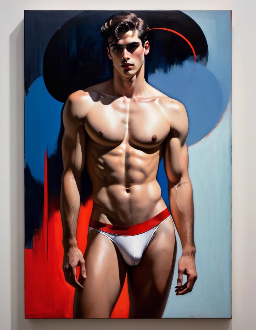 chiaroscuro technique on sensual illustration of an arafed man in white underwear, sexy masculine, diego fazio, male model, by Ludovit Fulla, model with attractive body, inspired by Ludovit Fulla, mid-shot of a hunky, the model draped in flowing, thick oil painting by Harumi Hironaka, extremely soft colors, vibrant, highly detailed, malcolm liepke painting, oil on canvas, high contrast, dramatic, refined, tonal, Create high contrast between light and shadow fire around, there is a red circle on a blue and red square, inspired by Bauhaus, in a shapes background, brown red blue, circle forms, red blue, by Leon Polk Smith, memphis abstract minimal art, graphic shapes, minimal art, blue and red, minimal art style, bauhaus art, inspired by El Lissitzky, bold simple shapes