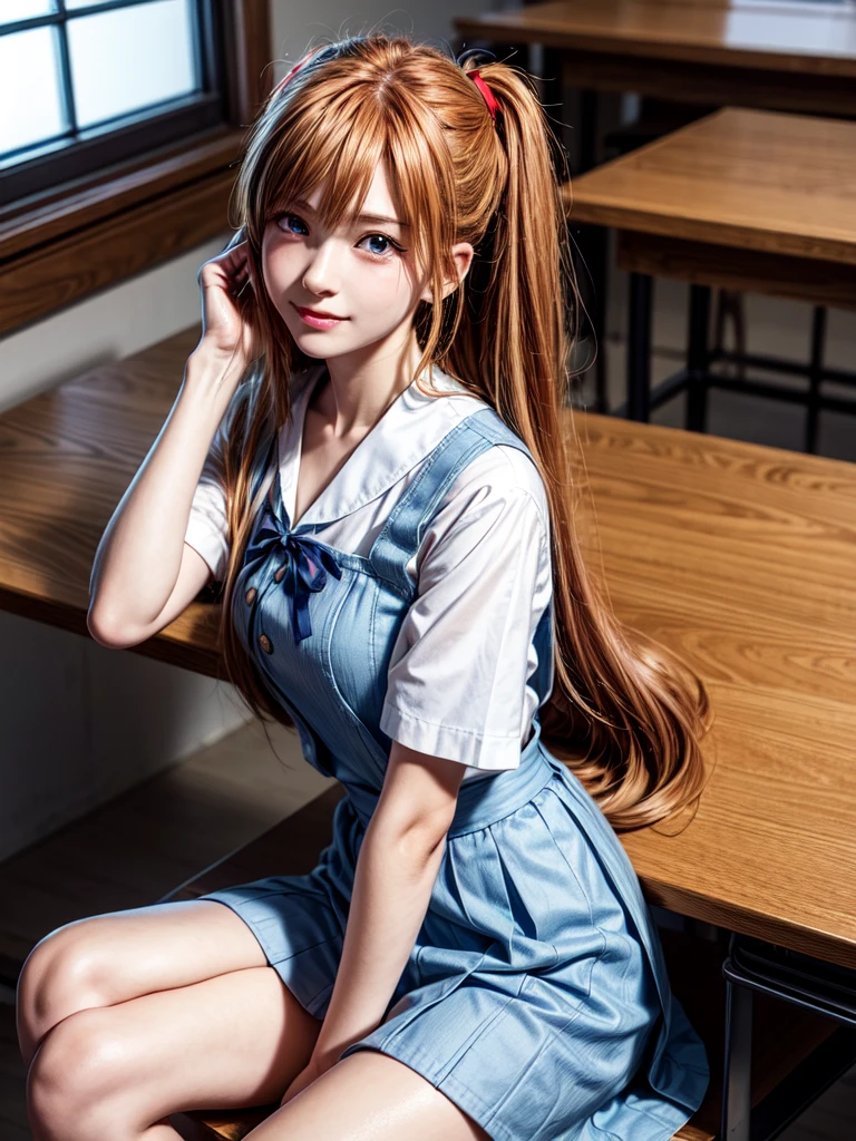 （8k, highest quality, Pieces fly:1.2)、Ultra-high resolution、anime,1 very pretty girl,Asuka Langley,Highly detailed face, Fine grain,blue eyes,,White sailor collar plain short sleeve shirt,Light blue skirt,Light Blue Suspenders,uniform_Red ribbon,Orange Hair,Long Hair、Detailed hand and fingers,put your hands in your hair,Grin、sitting on desk,Shooting from the sky,classroom