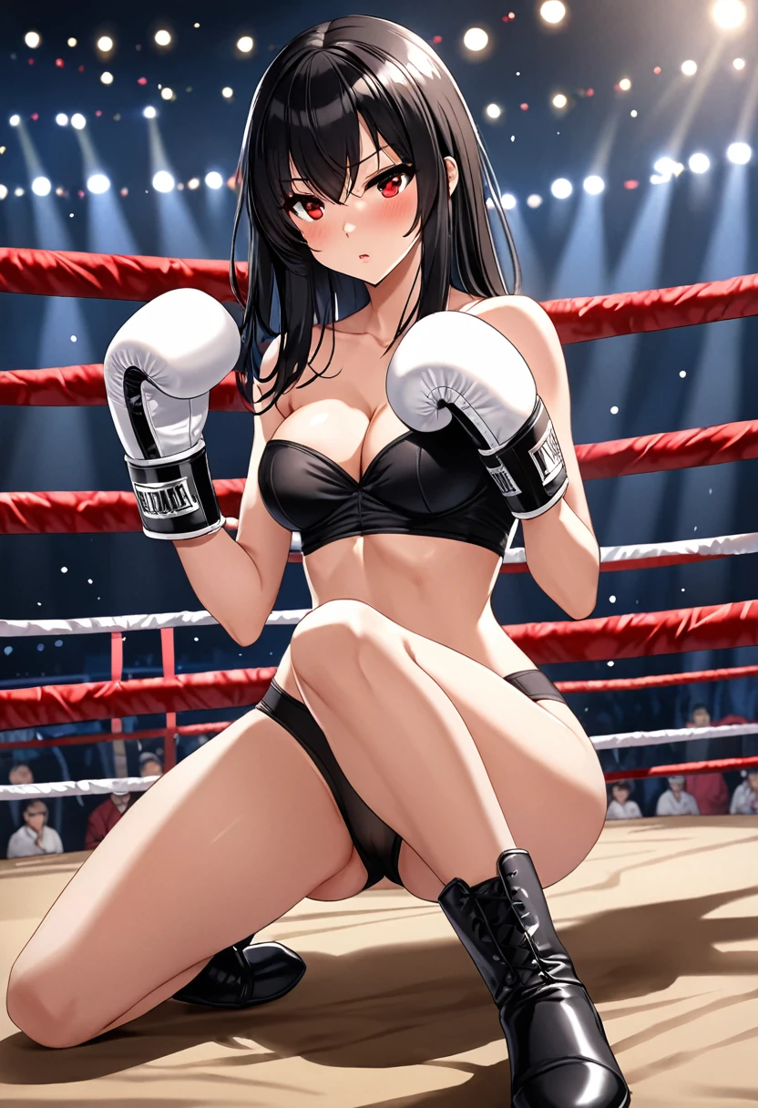 high quality, girl, Black straight hair, Red eyes, provocative,blush,Wear strapless underwear, Black pantyhose,Over-the-knee heeled boots,Wearing white boxing gloves, Hands in boxing gloves,Cleavage,Nipple protrusion,Camel toe,Long legs,Thin waist,Sitting in the ring
