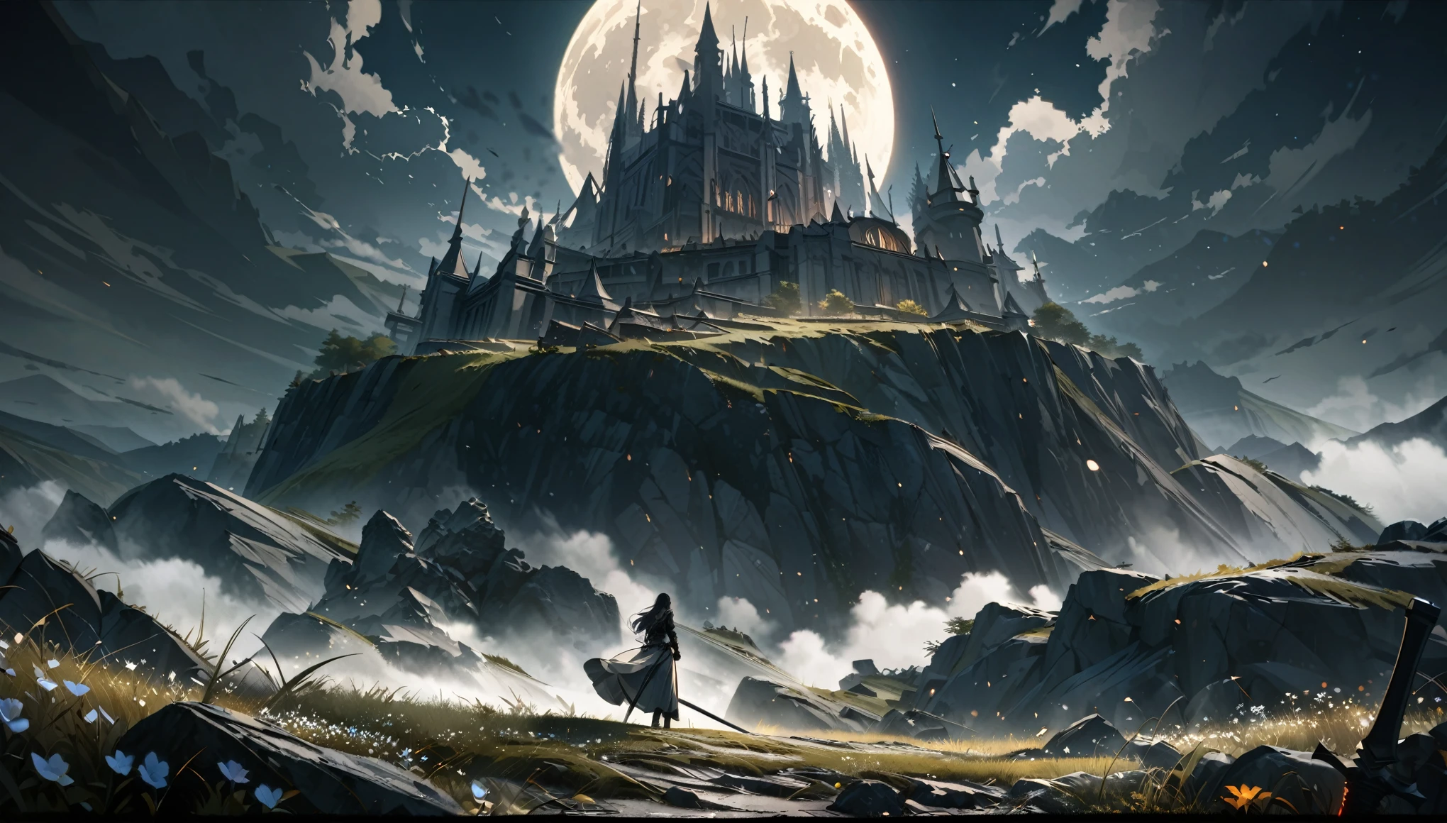  open field on the top of the hill, rare grass and pale flowers, ground covered in ashes, knight in full armount and girl in long beautiful dress, beautiful black moon on the background, rocky landscape, swords inside of the ground, tragic atmosphere, dark souls 3, tragic finale, wide shot, from side, 4K, 8k, highres, best quality, award winning, super detail, masterpiece, ccurate