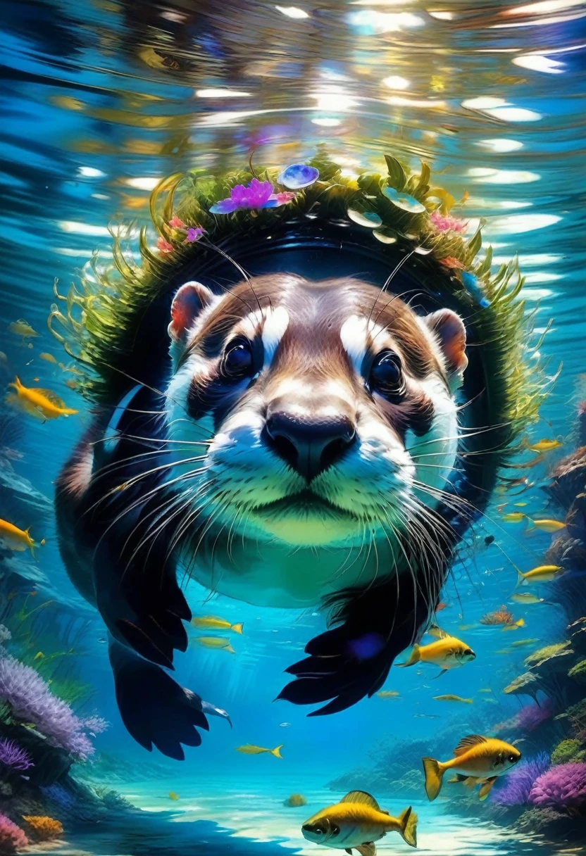 An Otter, Happy otter swimming underwater, smiling. The picture should evoke a feeling of exuberance and happiness. Background is a beautiful river filled with fish, daytime sky, realistic colors : Insanely Detailed :: by Pino_Daeni, Jeremy_Mann, Carne_Griffiths, 16k_resolution, oil_on_canvas, fine_art, super_realistic_light, sharp_focus, beautiful, exuberant atmosphere