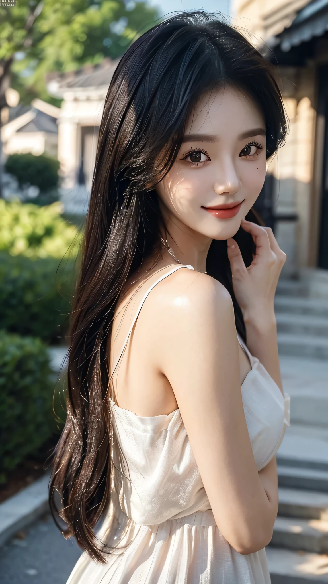 masterpiece、top-quality)、1 beautiful girl、((Wearing black sunglasses )), (Detailed beautiful eyes), ((Detailed skin)) , ((Detailed medium hair)), in the white villa、((Boyish Brown Medium Hair))、((Smaller face))、((Neutral face))、((Face seen from the side))、((Light brown eyes))、((Korean Girl))、((18year old))、((cool lady))、((A shy smile on his face))、((Korean Makeup))、((elongated and sharp eyes))、((Happy dating))、((boyish))、((Shot from the same height as your face)、full body , RAW photos, on the white villa ), ((CG rendering)), ((Blurred background)), ((16K)), ((Very detailed)), ((wallpaper)), ((depth of field)), ((movie light)), (( Ray tracing)).